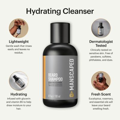 MANSCAPED UltraPremium Beard Shampoo, Hydrating Cleanser with Eucalyptus, Rosemary, Lavender Essential Oils, Moisturizing Beard Wash for Hair and Skin (4 oz)