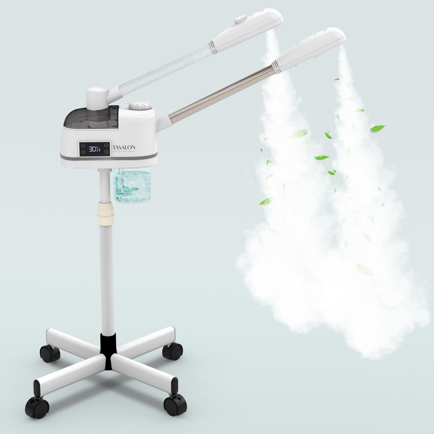 TASALON 2 in 1 Professional Facial Steamer on Wheels -with Ozone and Hot &amp; Cold Mist, Ionic Facial Steamer Kit for Facial Deep Cleaning and Moisturize, SPA &amp; Home, Ozone Face Humidifier (White)