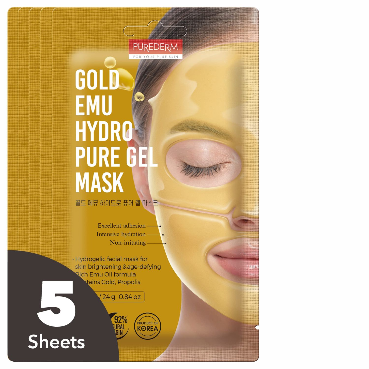 Purederm Gold Emu Hydro Pure Gel Mask (5 Pack) Hydrogel Face Mask for Nourishing &amp; Revitalizing