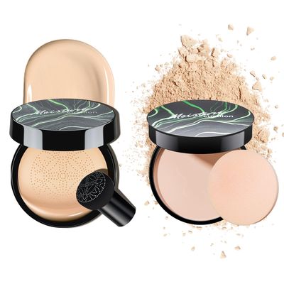 Mushroom Head Air Cushion CC Cream with Setting Powder Makeup Set, Blurs Fine Lines &amp; Imperfections, Controls Shine &amp; Smooths Complexion, Even Skin Tone for All Skin Types for Women (Natural)