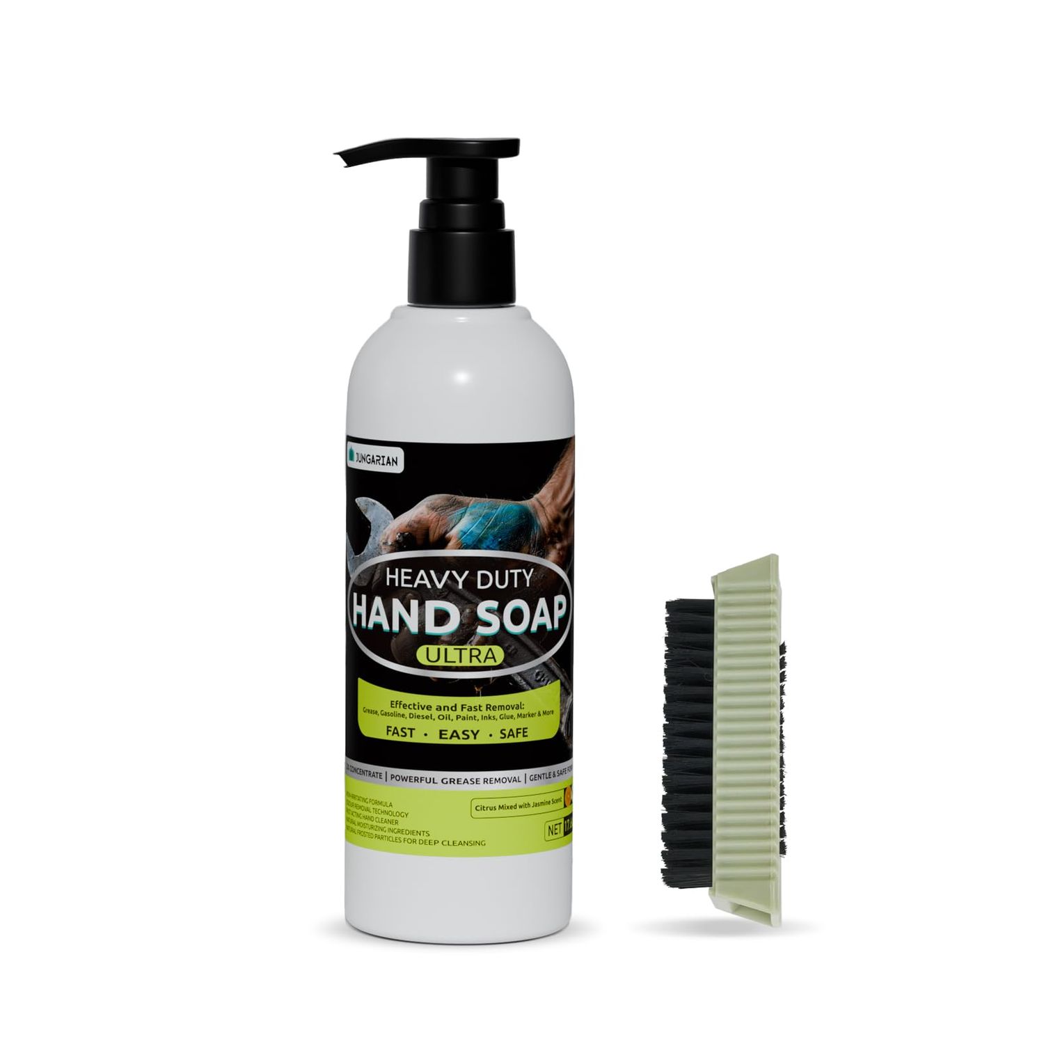 Jungarian Industrial Hand Cleaner for Auto Mechanics with Brush - Odour-removing Mechanic Soap for Hands - Tough Dirt Buster for Auto Mechanics, Manufacturing, Home painting DIY projects (17.6oz)