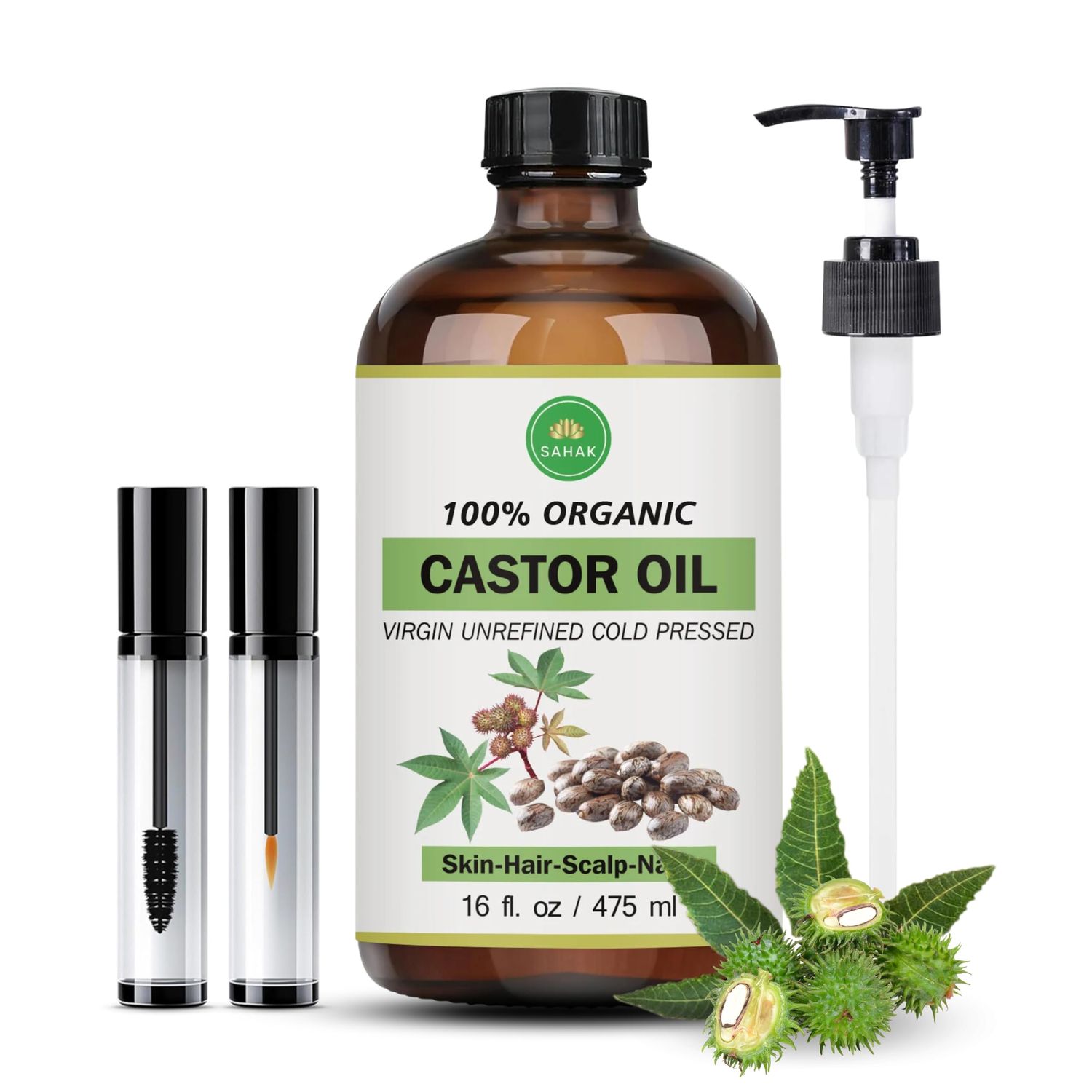 SAHAK Organic Castor Oil-Cold Pressed I Castor Oil for Hair Growth I Hexane-Free Extra Virgin I Oil for Skin Castor Oil Pack Stimulates Lashes &amp; Eyebrows I 100% Pure Castor Oil - 16oz Glass Bottle