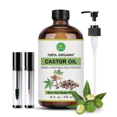 SAHAK Organic Castor Oil-Cold Pressed I Castor Oil for Hair Growth I Hexane-Free Extra Virgin I Oil for Skin Castor Oil Pack Stimulates Lashes &amp; Eyebrows I 100% Pure Castor Oil - 16oz Glass Bottle