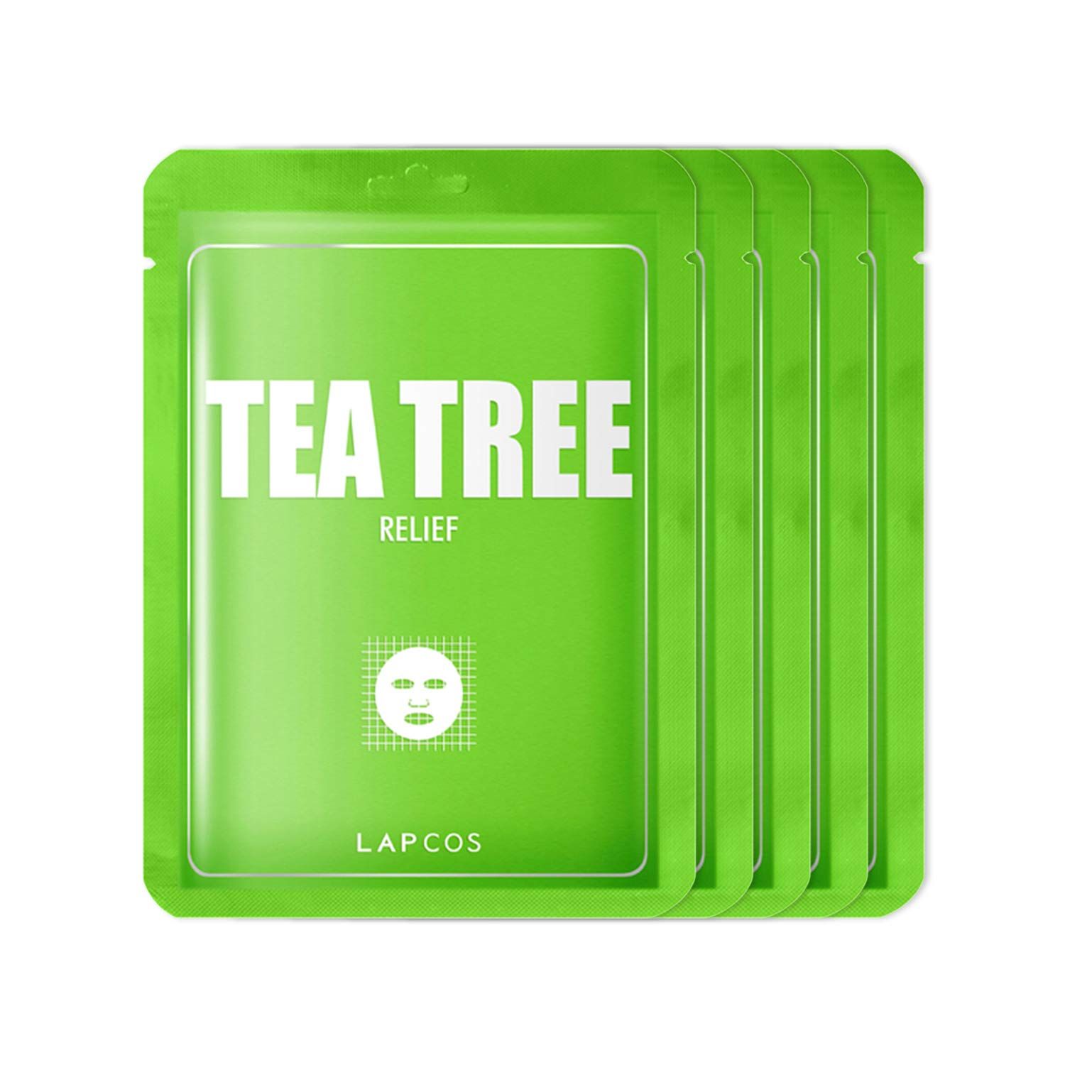 LAPCOS Tea Tree Sheet Mask, Daily Soothing Face Mask, Treats Acne &amp; Clears Pores, Korean Beauty Favorite, 5-Pack