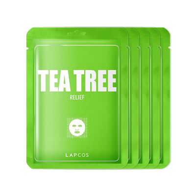 LAPCOS Tea Tree Sheet Mask, Daily Soothing Face Mask, Treats Acne &amp; Clears Pores, Korean Beauty Favorite, 5-Pack