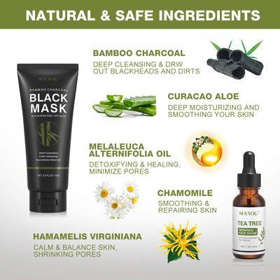SHVYOG Blackhead Peel Off Face Mask, 3-in-1 Blackhead Remover Mask with Brush & Tea Tree Oil Serum, Charcoal Mask for Deep Cleansing Dirts, Pores, Skin Oil (100g+30ml)