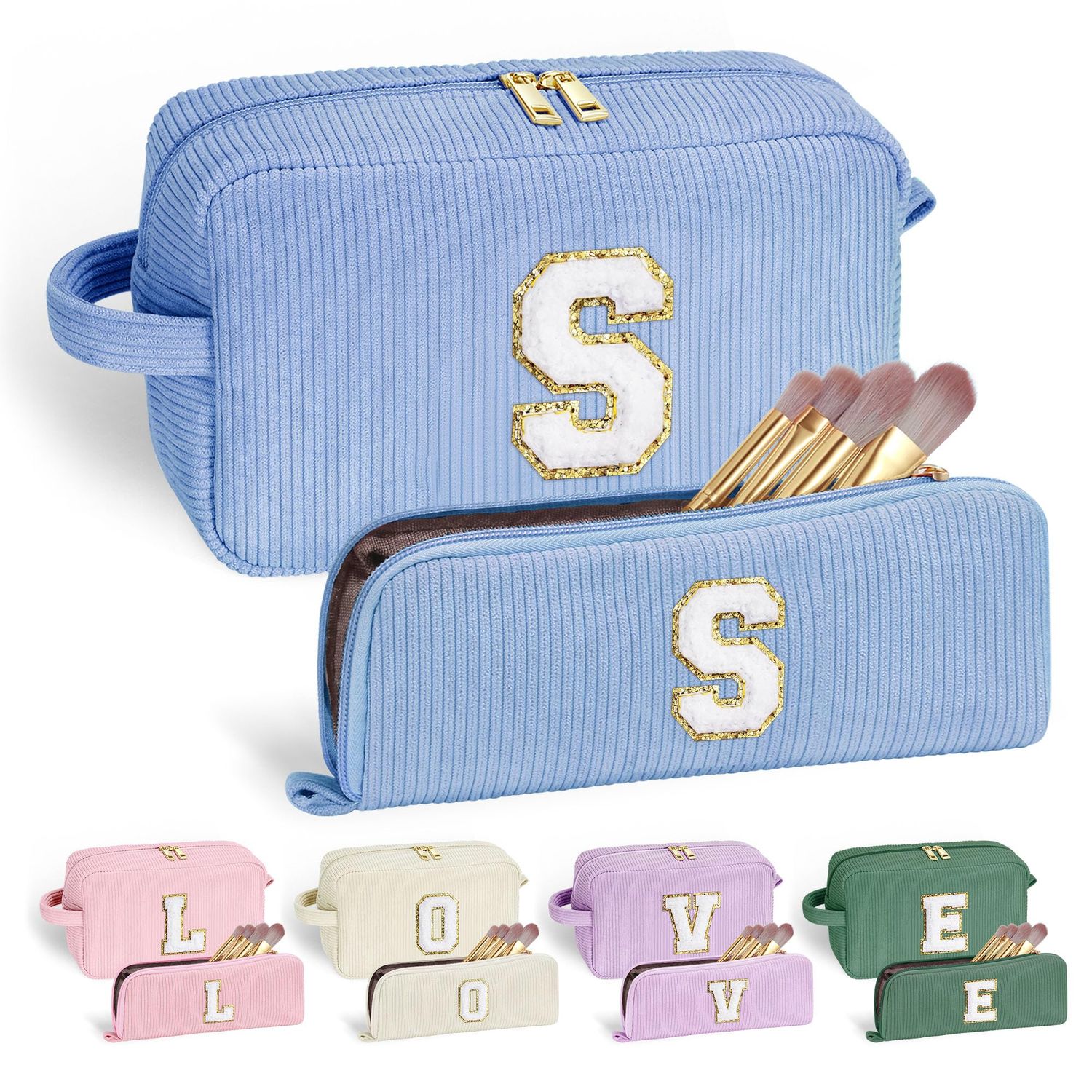 YOOLIFE Personalized Gifts - Teen Girls Birthday Gifts for Sister Daughter Make Up Bag Makeup Pouch Cosmetic Bags for Women Cute Gifts Skincare Bag Wife Gifts for Women Her Female Blue Bag Letter S