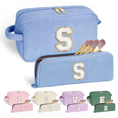 YOOLIFE Personalized Gifts - Teen Girls Birthday Gifts for Sister Daughter Make Up Bag Makeup Pouch Cosmetic Bags for Women Cute Gifts Skincare Bag Wife Gifts for Women Her Female Blue Bag Letter S