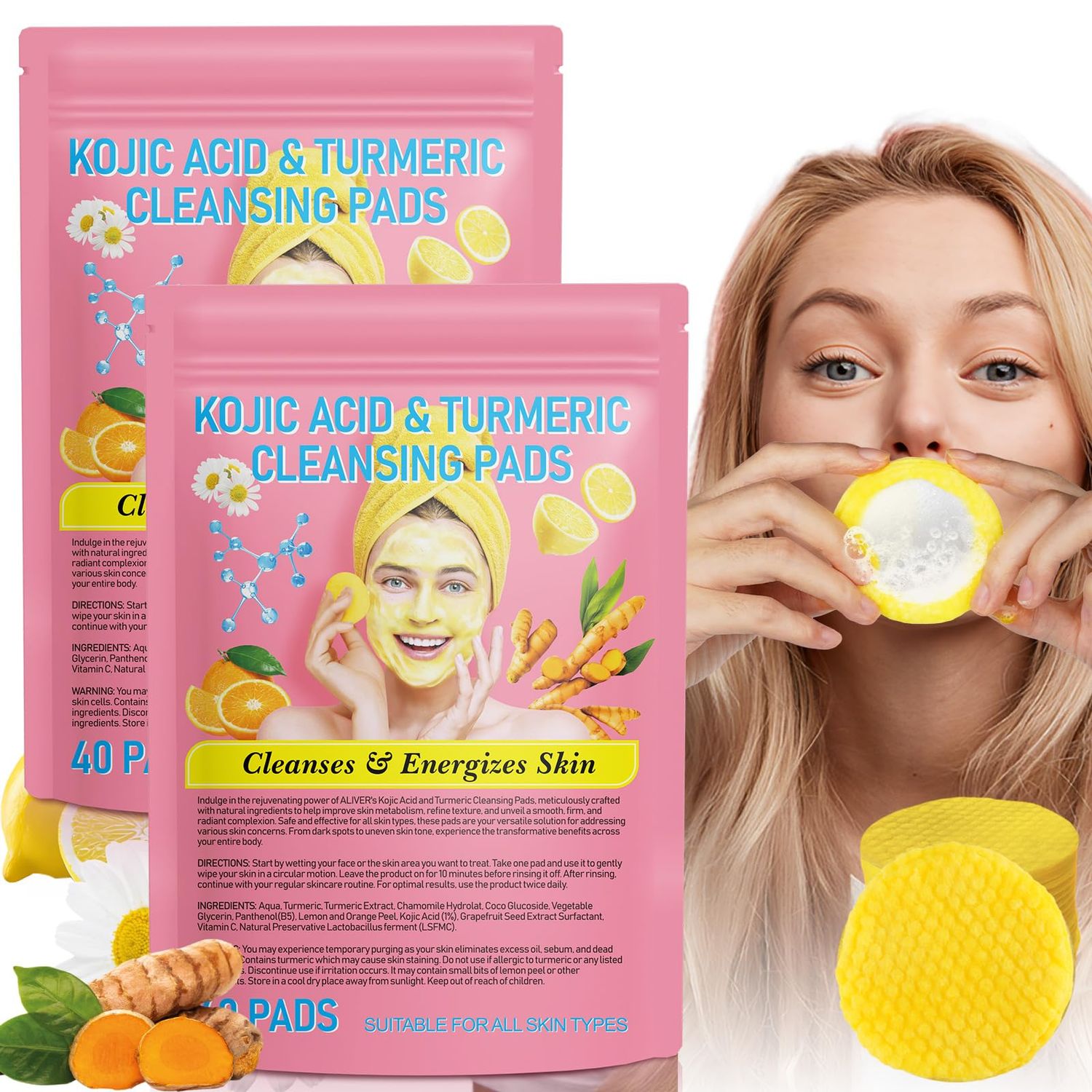 Kojic Acid And Turmeric Cleansing Pads, 80 Count Turmeric Kojic Acid Cleansing Pads, Turmeric Cleansing Pads for Face