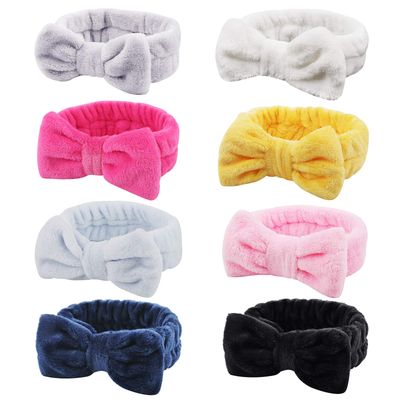 Ondder 8 Pack Bowknot Makeup Headbands - Fluffy Facial Cosmetic Hair Bands for Women and Girls, Ideal for Washing, Skincare, and Spa Use