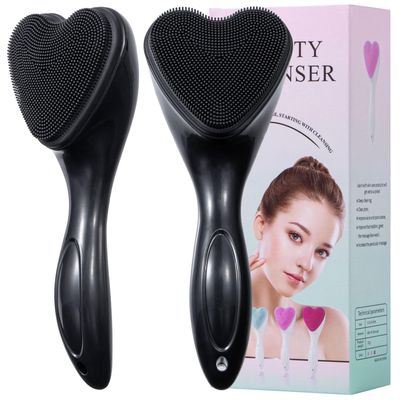 Silicone Face Scrubber Exfoliating Brush, Beomeen 2 Pack Manual Handheld Facial Cleansing Brush Blackhead Scrubber, Soft Bristles Waterproof for Face Skincare (Black,Heart)