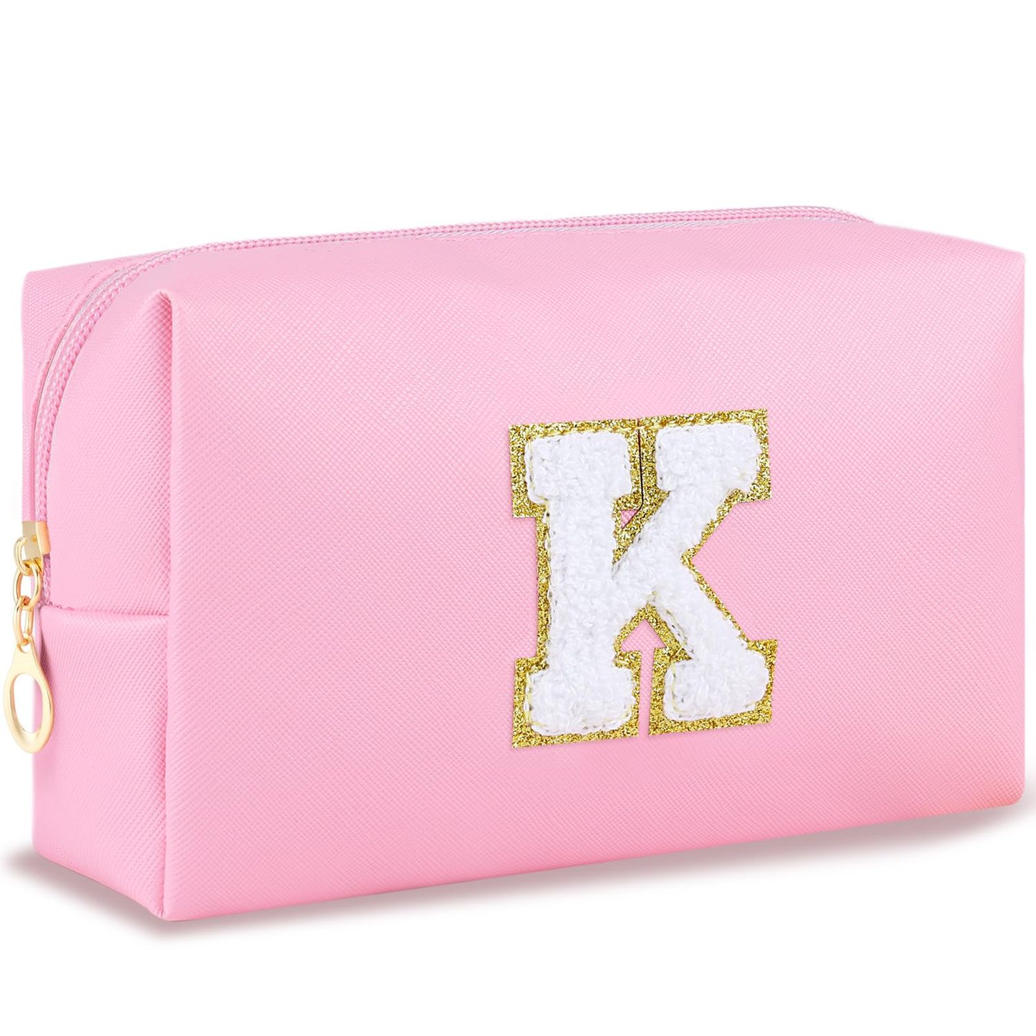 URSKYTOUS Initial Preppy Makeup Bag Travel Small Cosmetic Bag Cute Pink Personalized Preppy Makeup Pouch Zippered PU Toiletry Bag Christmas Birthday Gifts for Women Mom Teacher Friends(K)