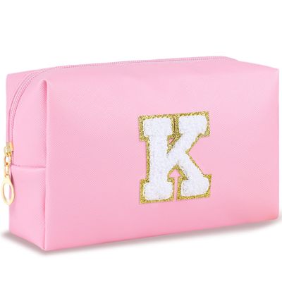 URSKYTOUS Initial Preppy Makeup Bag Travel Small Cosmetic Bag Cute Pink Personalized Preppy Makeup Pouch Zippered PU Toiletry Bag Christmas Birthday Gifts for Women Mom Teacher Friends(K)