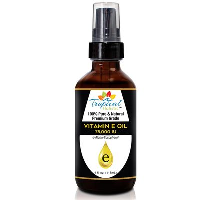 Tropical Holistic 100% Pure Vitamin E Oil (4oz / 118mL) - 75,000 IU Plant Based Natural D-Alpha Tocopherol for Hydrated Skin, Scars, Age Spot, Full Bathe Body Oil, Nails, Face &amp; Hair