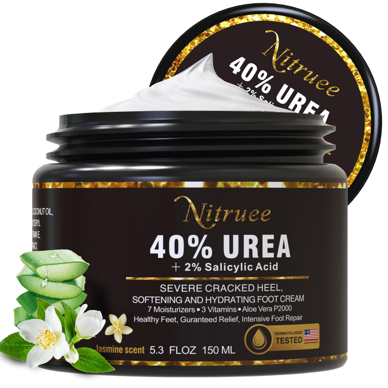 NITRUEE Urea Cream 40 percent For Feet Maximum Strength Plus 2% Salicylic Acid,Urea Foot Cream for Dry Cracked Heels,Foot Lotion For Dry Cracked Feet with 10 Pairs Disposable Foot Mask, 5.3OZ