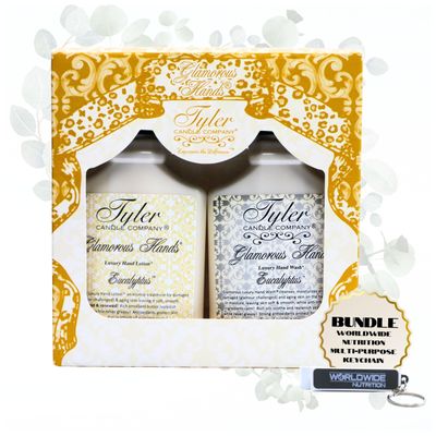 Worldwide Nutrition Bundle: Tyler Eucalyptus Glamorous Hand Wash and Hand Lotion Gift Set - 2 Pack, 8 Oz Scented Pump Bottles for Luxury Skin Care and Multi-Purpose Key Chain