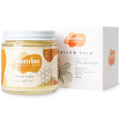 Sunrise Natural Care Honey and Tallow Balm - Body and Face Moisturizer - 100% Grass Fed Beef Tallow - 4 ounces - Frankincense
