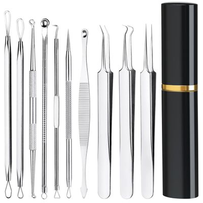 Pimple Popper Tool Kit,10 Pcs Professional Blackhead Remover Comedones Extractor for Easy Removal for Pimples,Blackheads,Zit Removing, Facial and Nose, Acne Removal Kit with Metal Box (Silver)