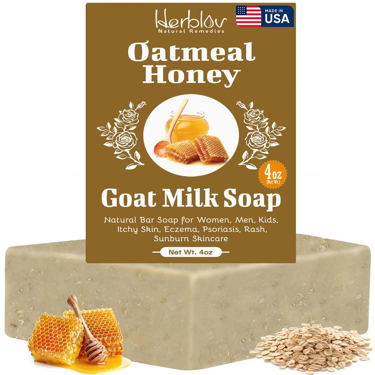 Oatmeal Honey Goat&#39;s Milk Soap Bar - Natural Bar Soap for Women, Men, Kids, Itchy Skin, Eczema, Psoriasis, Rash, Sunburn Skincare - Calming Colloidal Oatmeal Face Cleanser &amp; Body Wash, Made in USA