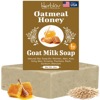 Oatmeal Honey Goat&#39;s Milk Soap Bar - Natural Bar Soap for Women, Men, Kids, Itchy Skin, Eczema, Psoriasis, Rash, Sunburn Skincare - Calming Colloidal Oatmeal Face Cleanser &amp; Body Wash, Made in USA