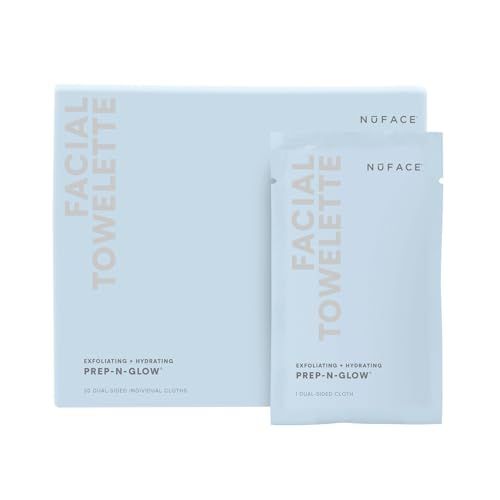NuFACE Prep-N-Glow Facial Towelettes - 2-in-1 Exfoliating + Cleansing Makeup Remover Wipes, Hyaluronic Acid Travel Face Wipes to Hydrate &amp; Brighten for Glowing Skin - 20 Individually Wrapped Cloths