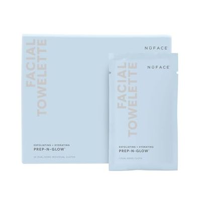 NuFACE Prep-N-Glow Facial Towelettes - 2-in-1 Exfoliating + Cleansing Makeup Remover Wipes, Hyaluronic Acid Travel Face Wipes to Hydrate &amp; Brighten for Glowing Skin - 20 Individually Wrapped Cloths