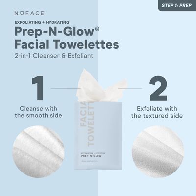 NuFACE Prep-N-Glow Facial Towelettes - 2-in-1 Exfoliating + Cleansing Makeup Remover Wipes, Hyaluronic Acid Travel Face Wipes to Hydrate &amp; Brighten for Glowing Skin - 20 Individually Wrapped Cloths