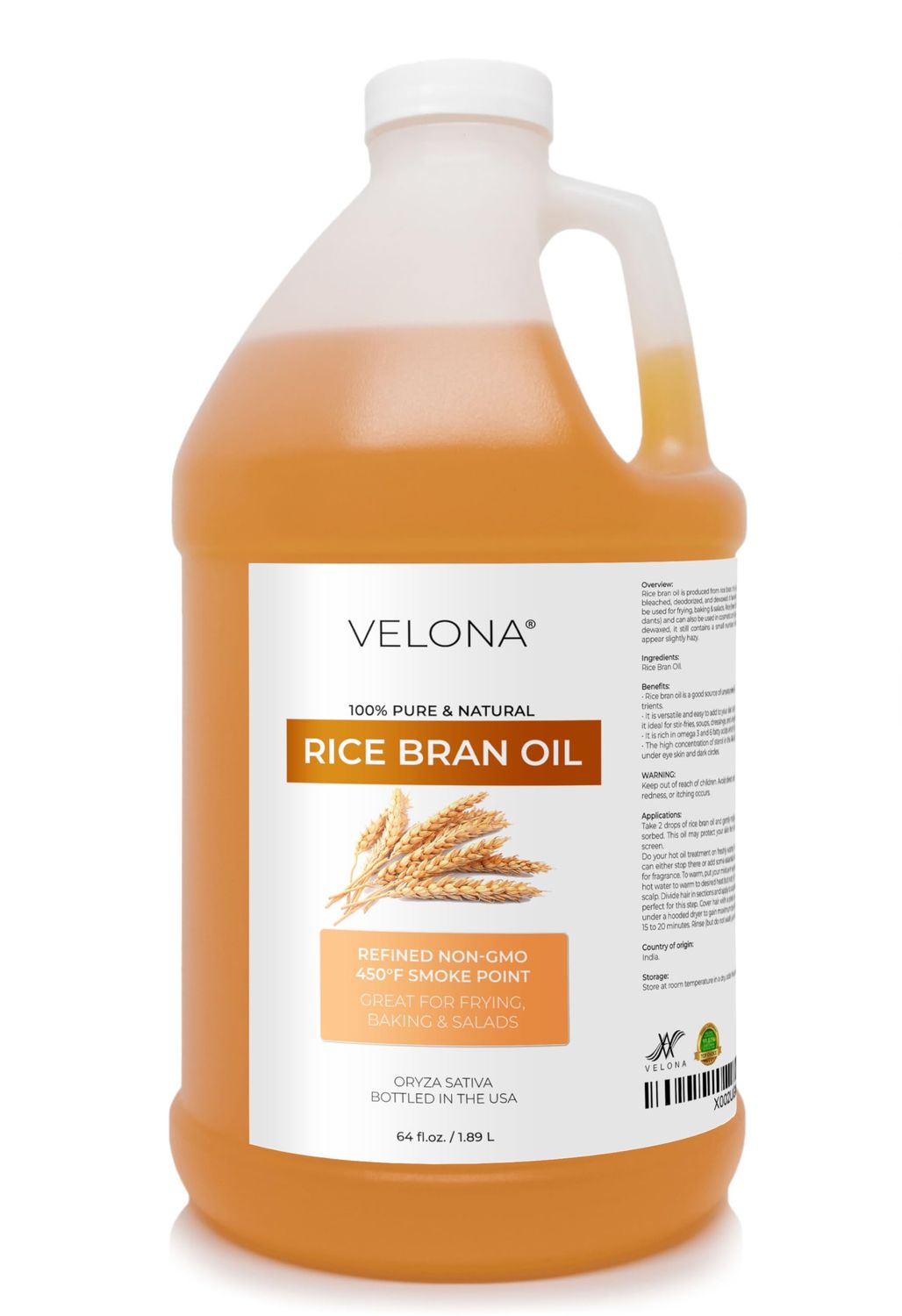 velona Rice Bran Oil 64 Fl Oz | 100% Pure and Natural Carrier Oil | Refined, Cold Pressed | Cooking, Face, Hair, Body &amp; Skin Care | Use Today - Enjoy Results