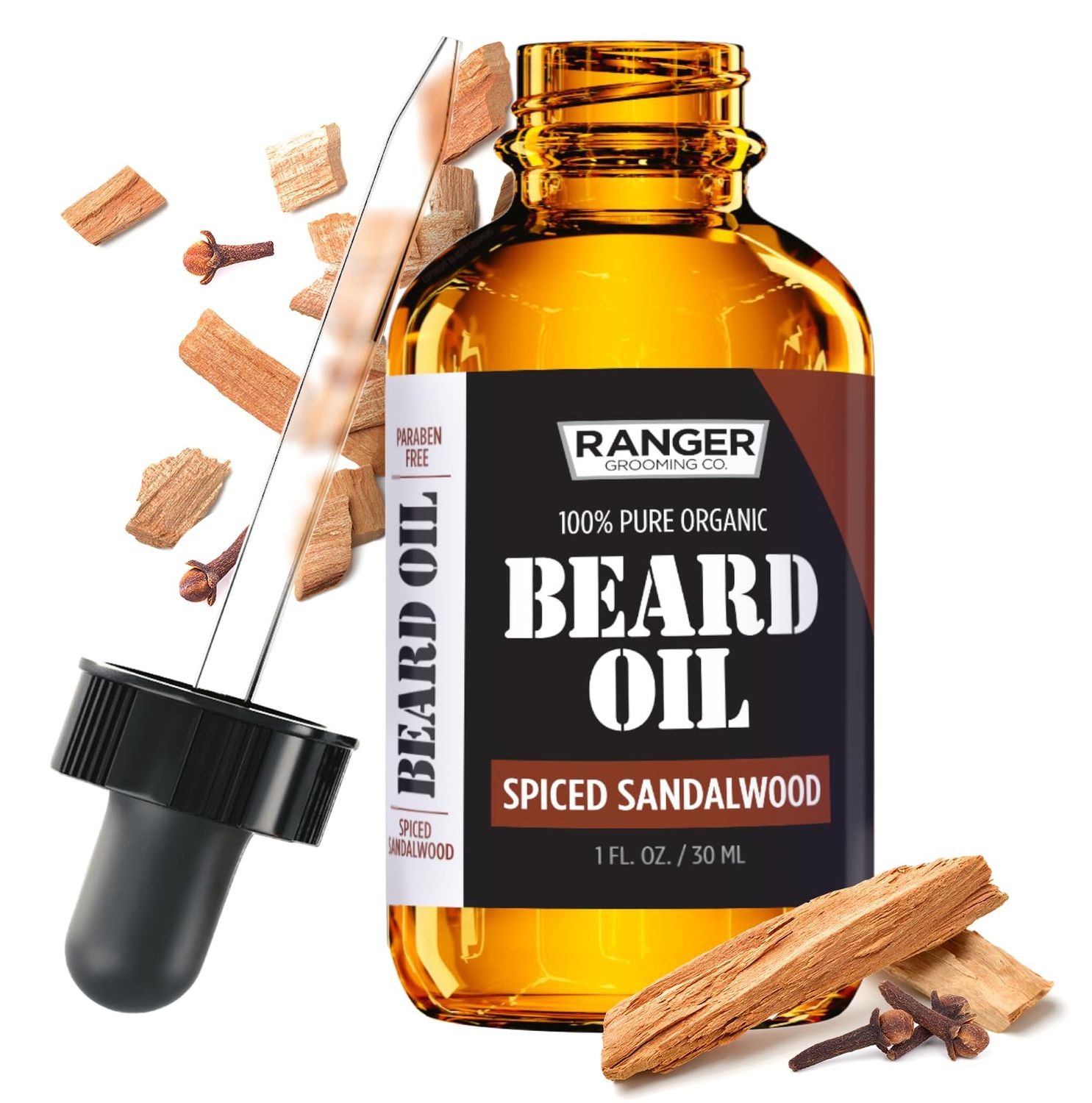 Spiced Sandalwood Beard Oil &amp; Leave In Conditioner by Ranger Grooming Co by Leven Rose, 100% Pure Natural Organic for Groomed Beards, Mustaches, and Moisturized Skin 1 oz