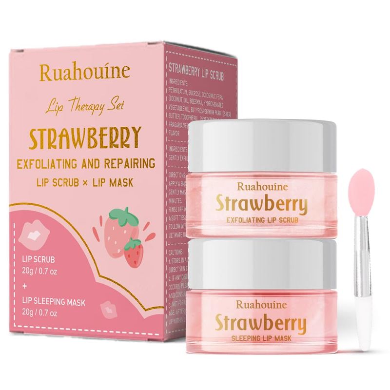 Strawberry Lip Scrub And Mask Set, Lip Scrub Kit, Lip Scrub Set, Sugar Lip Scrub Exfoliator, Lip Scrub For Dark Lips To Lighten, Lip Care Kit, Sleeping Lip Mask, Lip Mask Pack, 1.4 oz / 2-piece
