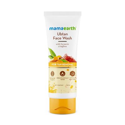 Mamaearth Ubtan De Tan Face Wash | Helps Reduce Tanning &amp; Sun Damage | Gently Cleanses Dirt &amp; Excess Oil | Enriched with Turmeric &amp; Saffron | 3.38 Fl Oz (100ml)