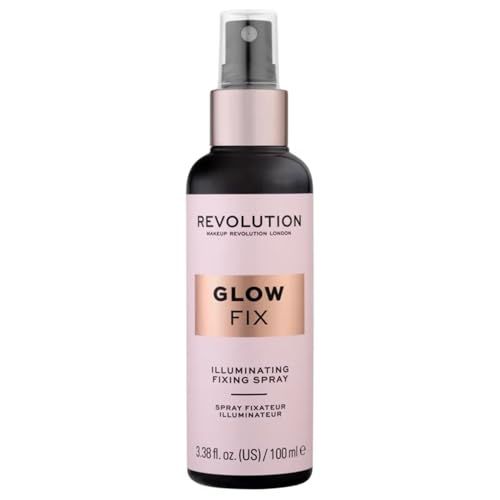 Makeup Revolution, Glow Fix Illuminating Fixing Spray, Glow Finish, Hydrating &amp; Brightening Setting Spray for Face, Vegan &amp; Cruelty-Free, 3.38fl.oz