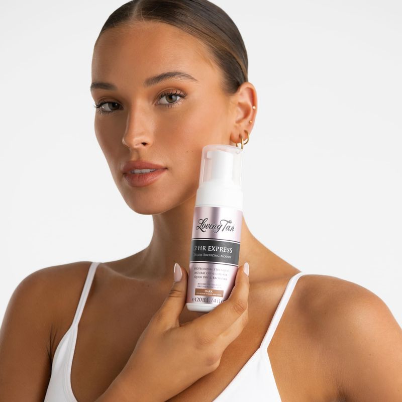 Loving Tan 2 HR Express Mousse, Dark- Streak Free, Natural looking, Professional Strength Sunless Tanner - Up to 5 Self Tan Applications per Bottle, Cruelty Free, Naturally Derived DHA - 4 FL Oz