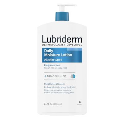 Lubriderm Fragrance Free Daily Moisture Lotion + Pro-Ceramide, Shea Butter &amp; Glycerin, Face, Hand &amp; Body Lotion for Sensitive Skin, Hydrating Lotion for Healthier-Looking Skin, 24 fl. oz