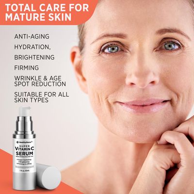 Super Vitamin C Serum for Women Over 70: Vitamin C, Hyaluronic Acid, Vitamin E, Caffeine, Hydrating, Lifting, Face Wrinkle &amp; Age Spots Reduction
