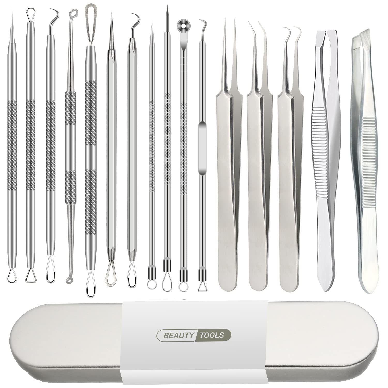 Pimple Popper Tool Kit, Blackhead Remover Tools, 16 PCS Professional Stainless Tweezers Acne Comedone Extractor Pimple Needle Tool for Blemish Whitehead Ingrown Hair Cyst Removal Beauty Tools for Face
