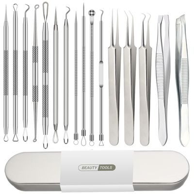 Pimple Popper Tool Kit, Blackhead Remover Tools, 16 PCS Professional Stainless Tweezers Acne Comedone Extractor Pimple Needle Tool for Blemish Whitehead Ingrown Hair Cyst Removal Beauty Tools for Face