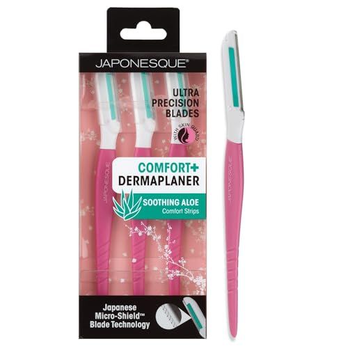 JAPONESQUE Dermaplaner with Soothing Aloe Comfort Strip - Skin Tool with Ultra Precision Blade for Facial Hair Removal and Exfoliation, 3pk.