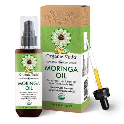 Organic Veda Moringa Oil - USDA Cold Pressed Virgin Moringa Seed Oil - 100% Pure Moringa Skin Care Oil Moisturizer for Face, Nails, Foot, Body &amp; Hair - Unrefined, Vegan &amp; Gluten Free - 3.4 fl oz