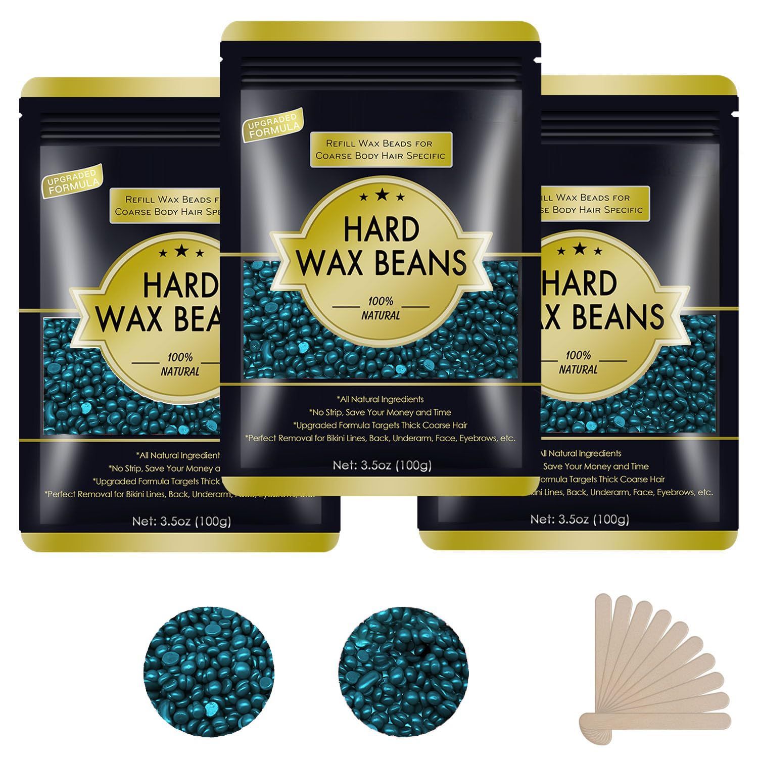 Wax Beads for Hair Removal - 3 * 100g/10.5 oz Wax Beads Waxing at Home for Sensitive Skin Women - Hard Wax Beads with 10 sticks, Bikini Brazilian Body Face Wax