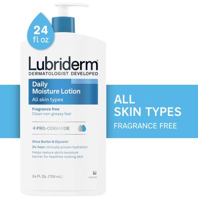 Lubriderm Fragrance Free Daily Moisture Lotion + Pro-Ceramide, Shea Butter &amp; Glycerin, Face, Hand &amp; Body Lotion for Sensitive Skin, Hydrating Lotion for Healthier-Looking Skin, 24 fl. oz