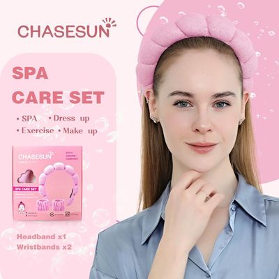 Spa Headband for Washing Face Spa Makeup Headband Bubble headband Skincare Face Make Up headband Non Slip Hair Band for Women Girls Skincare Makeup Remover SPA Headband and Wristband Set Pink