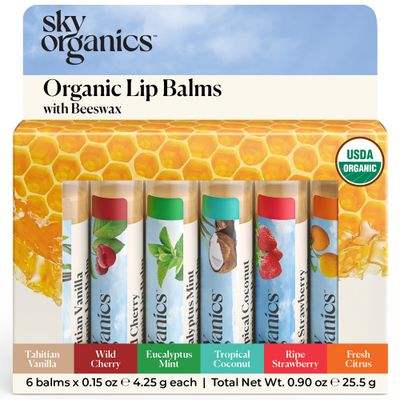 Sky Organics - Organic Lip Balm Set (6-Pack) - Organic Beeswax, Botanical Oils &amp; Extracts - Vitamin E &amp; Organic Natural Flavors - Beauty Gift Set - All Skin Types &amp; Cruelty Free - Lip Care &amp; Self Care