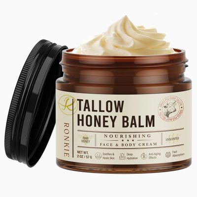 RONKIE Beef Tallow for Skin Care: Grass-Fed Beef Tallow and Raw Honey Balm - Unscented Natural Tallow Face Moisturizer Smooth Soft for Dry Skin 2oz