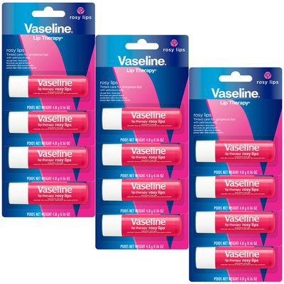 Vaseline Lip Therapy Rosy Lips - Hydrating Lip Balm Pack, Vaseline Stick, Lip Moisturizer for Dry Lips, 0.16 Oz Each (Pack of 12)