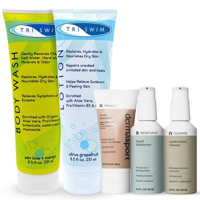 TRISWIM Chlorine Removal Body Wash &amp; After Swim Lotion with Dermasport pH Balancing Cleanser, Hydrating Face Moisturizer, and Facial Sunscreen SPF 50 Bundle | Complete Skincare &amp; Haircare for Swimmers