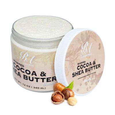 RA COSMETICS Whipped Cocoa &amp; Shea Butter, Unscented - 12oz | 100% Pure &amp; Natural Skin Moisturizer with Coconut Oil | Vitamin-Rich Body Butter for Soft, Supple, and Radiant Skin &amp; Healthy Hairs