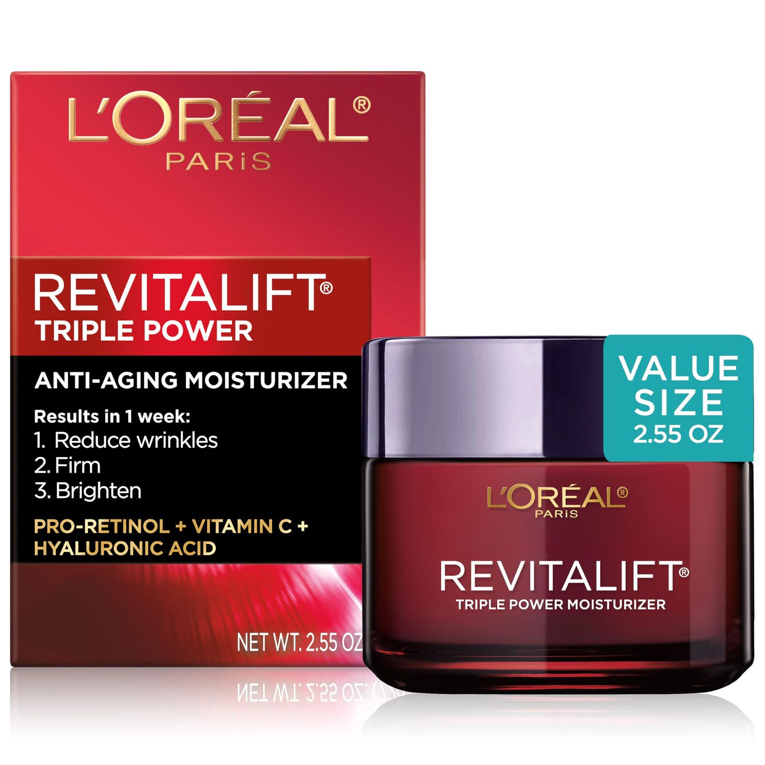 L&#39;Oreal Paris Revitalift Triple Power Anti-Aging Face Moisturizer, Pro Retinol, Hyaluronic Acid &amp; Vitamin C, Reduce Wrinkles 2.55 Oz
