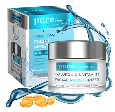 Pure Formula Hyaluronic Acid &amp; Vitamin E Daily Face Moisturizer - Reduce Acne Scars, Fines Lines, Wrinkles, Hydrating Day Cream - Cruelty Free Korean Skin Care For All Skin Types - 1.69 Fl. oz/ 50ml