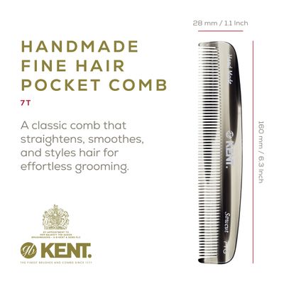 Kent 7T G All Fine Tooth Pocket Comb - Handmade Grooming Comb for Styling, Travel, Mustache and Beard Care - Saw Cut and Hand Polished